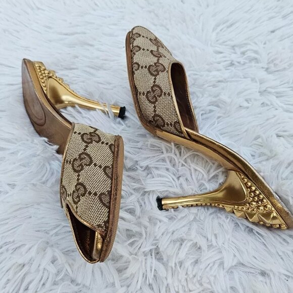 Gucci Women Heel Sandal GG Web Gold Tone Buttom Made Italy Size 34.5 - Picture 10 of 14